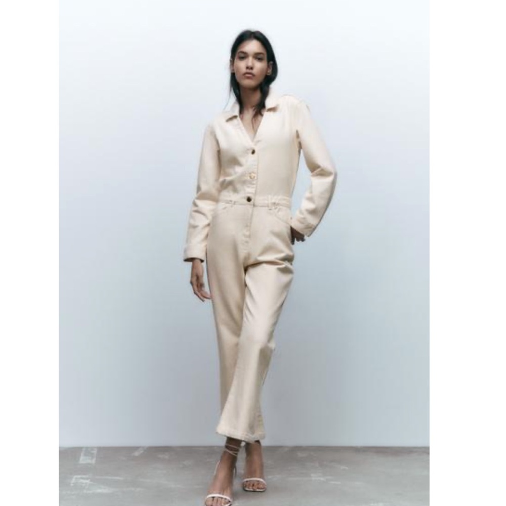 Zara Beige Long-Sleeve Jumpsuit